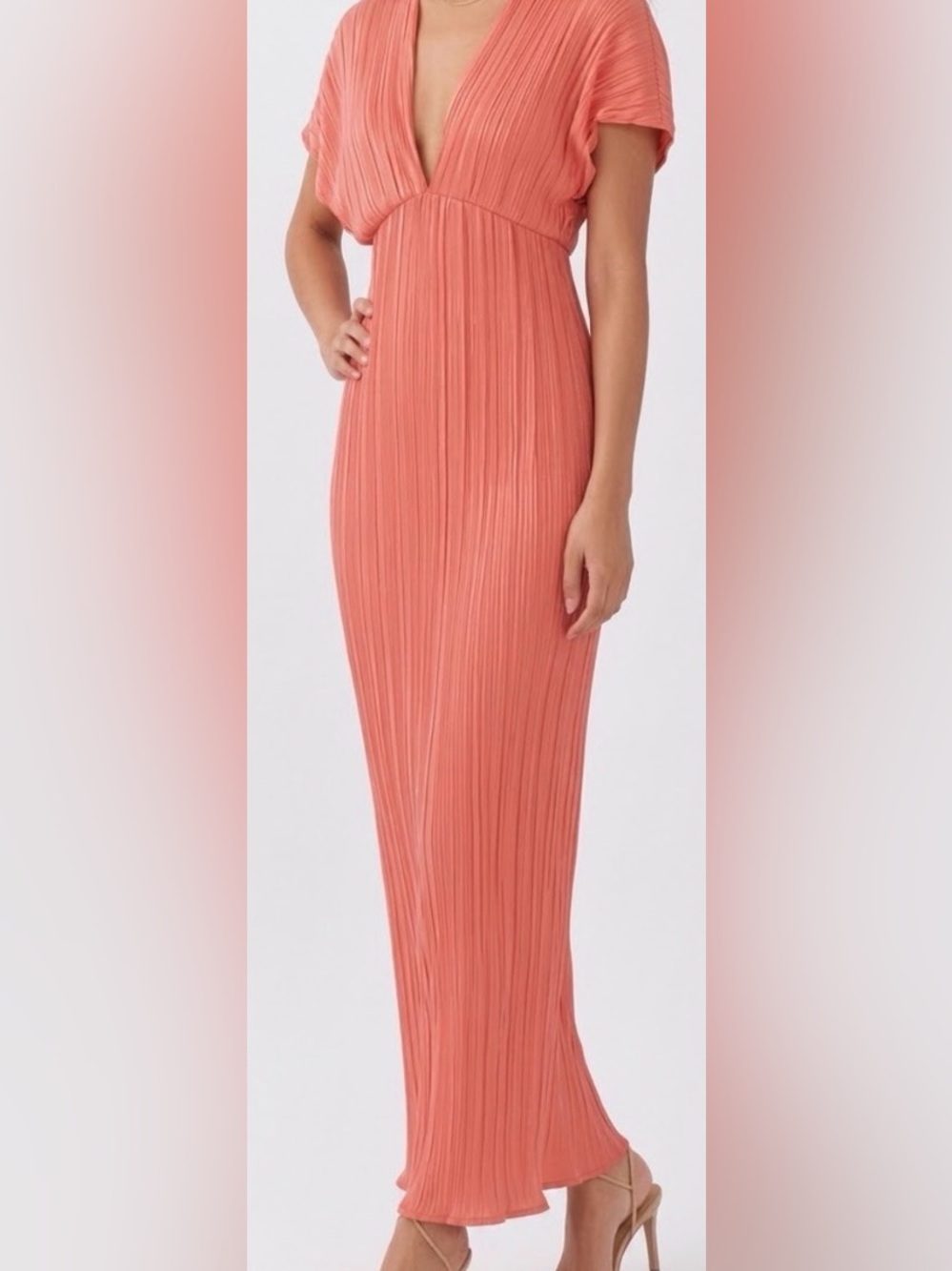 Coral Pleated V-Neck Silky Maxi Dress/Short Flowing Sleeves: USA Small